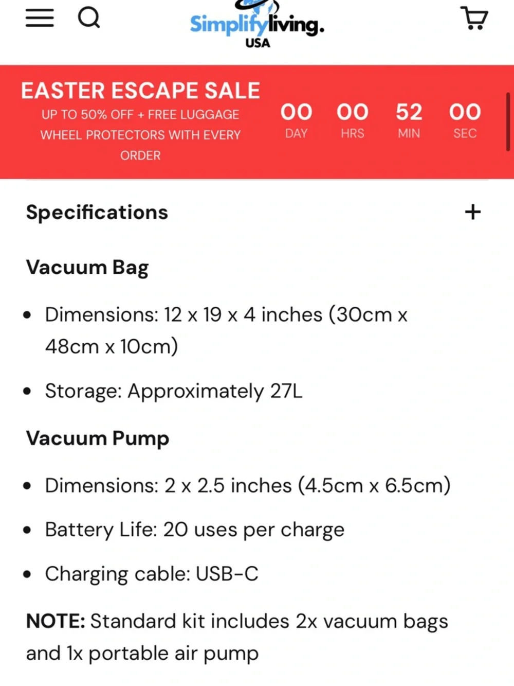 Simplify Living Black Vacuum Compression Packing Bag with Air Pump